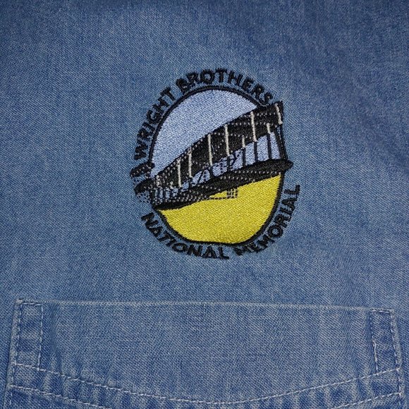 Vintage Wright Brothers National Memorial Men S Button Down Shirt Blue Chambray - Picture 3 of 7